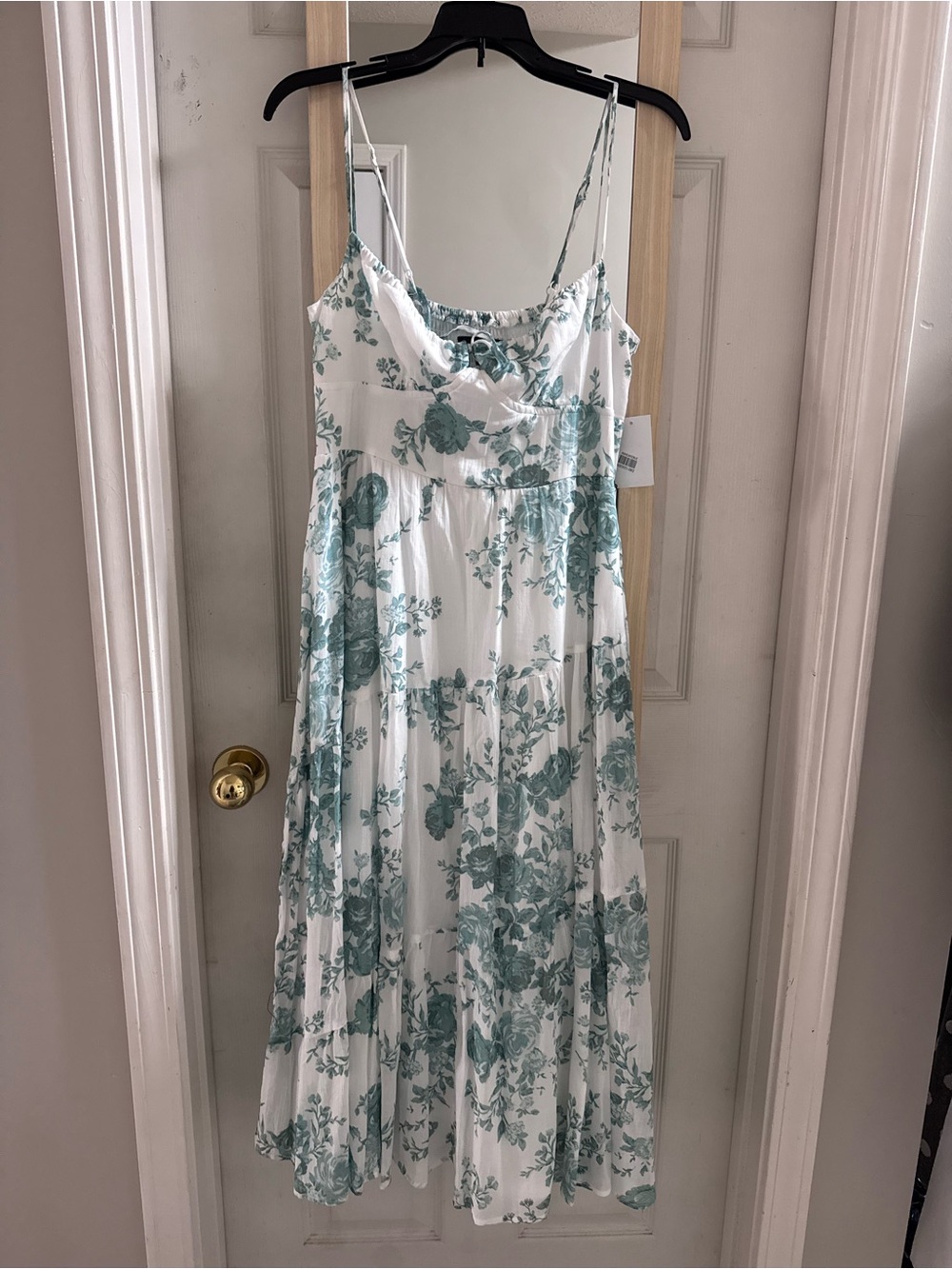 White Floral Midi Dress with Sage Green Print